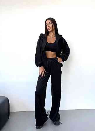 Женский стильный прогулочный костюм тройка: кофта топ и брюки из мягкого велюра Черный, 46/48 Одесса