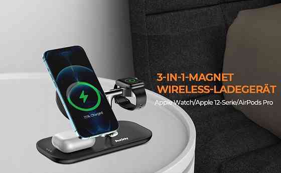Бездротова магнітна док-станція Auckly A7 3-в-1 з MagSafe 15W для iPhone, AirPods та Apple Watch, швидка зарядка, чорна Київ