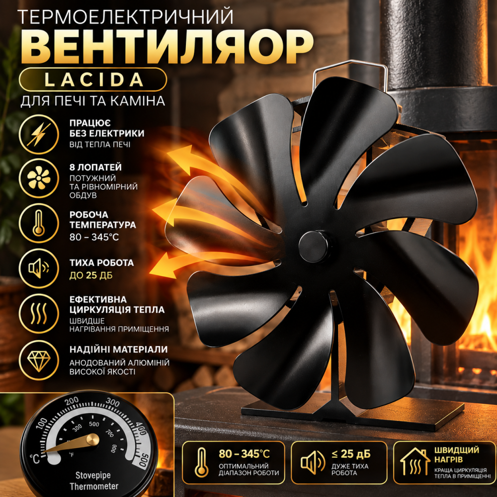 Термоелектричний вентилятор LACIDA для печі та каміна, 8 лопатей, термометр, 80–345°C, до 25 дБ, без електрики Київ - фото 1