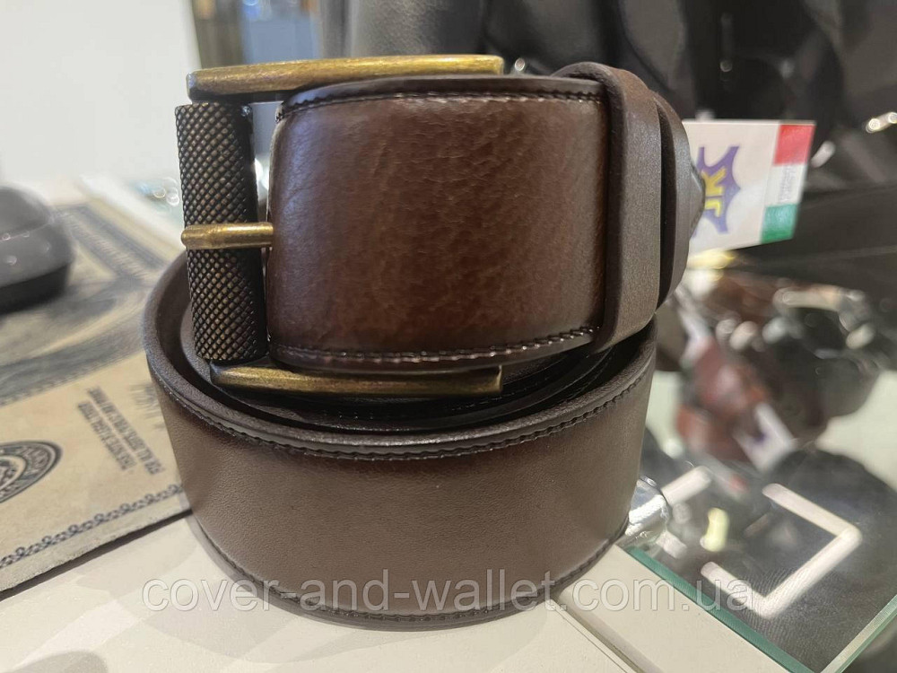 Мужской кожаный ремень под джинсы с золотистой пряжкой в коричневом цвете 40 мм PS Leather Киев - изображение 5