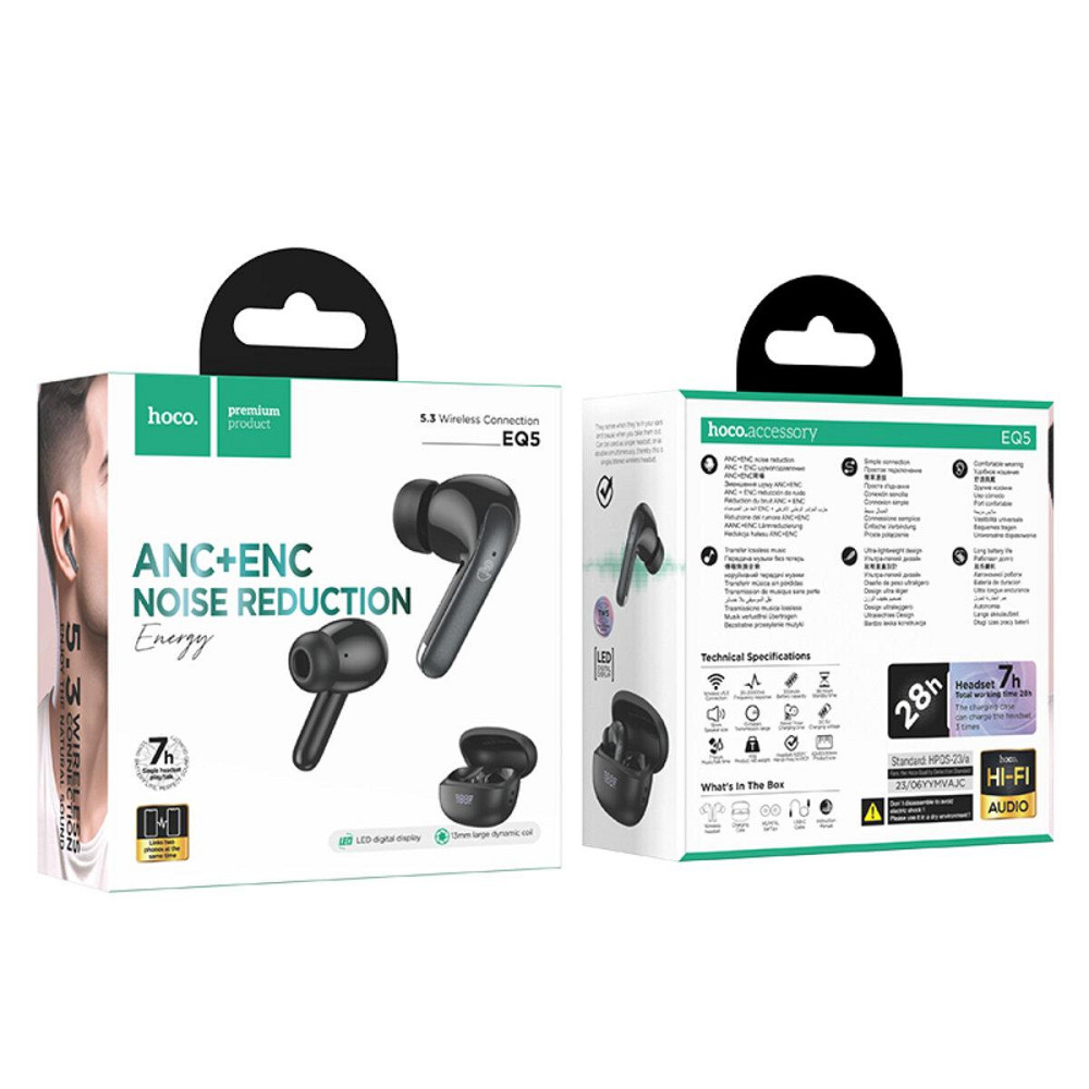 Навушники бездротові HOCO EQ5 Energy true wireless ANC+ENC noise reduction BT headset Black 6942007602419 Одеса - фото 8