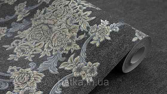 Шпалери метрові вінілові на флізеліні Sintra Classic класика квіти троянди завитки структурні срібло золото на чорному 445648 Київ
