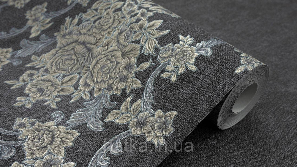 Шпалери метрові вінілові на флізеліні Sintra Classic класика квіти троянди завитки структурні срібло золото на чорному 445648 Київ - фото 2
