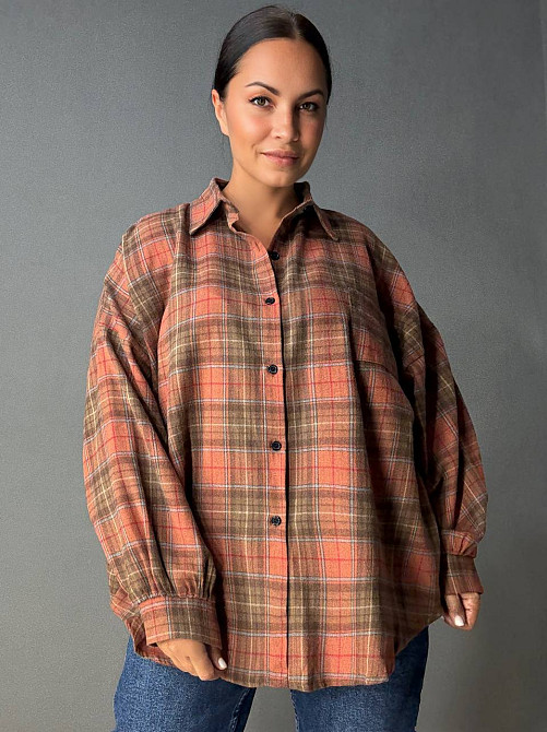 Сорочка жіноча A-N 8313 у клітинку оверсайз широка бавовняна, помаранчевий, one size Київ - фото 1