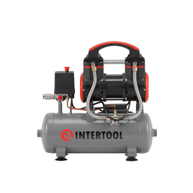 Компресор, 9 л, 0,75 кВт, 230 В, 8 aтм, 200 л/хв, 1400 об/хв,  безмасляний, 2 циліндри, 63 дБ INTERTOOL PT-0015 Киев - изображение 1