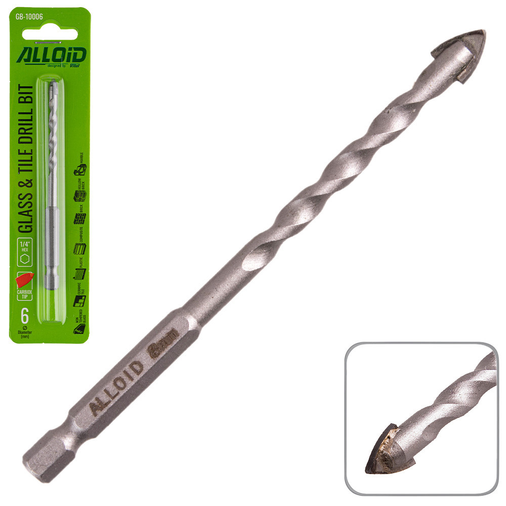 Свердло по склу та кераміці 6мм, хвостовик HEX 1/4" Alloid, L= 95mm GB-10006 Винница - изображение 1