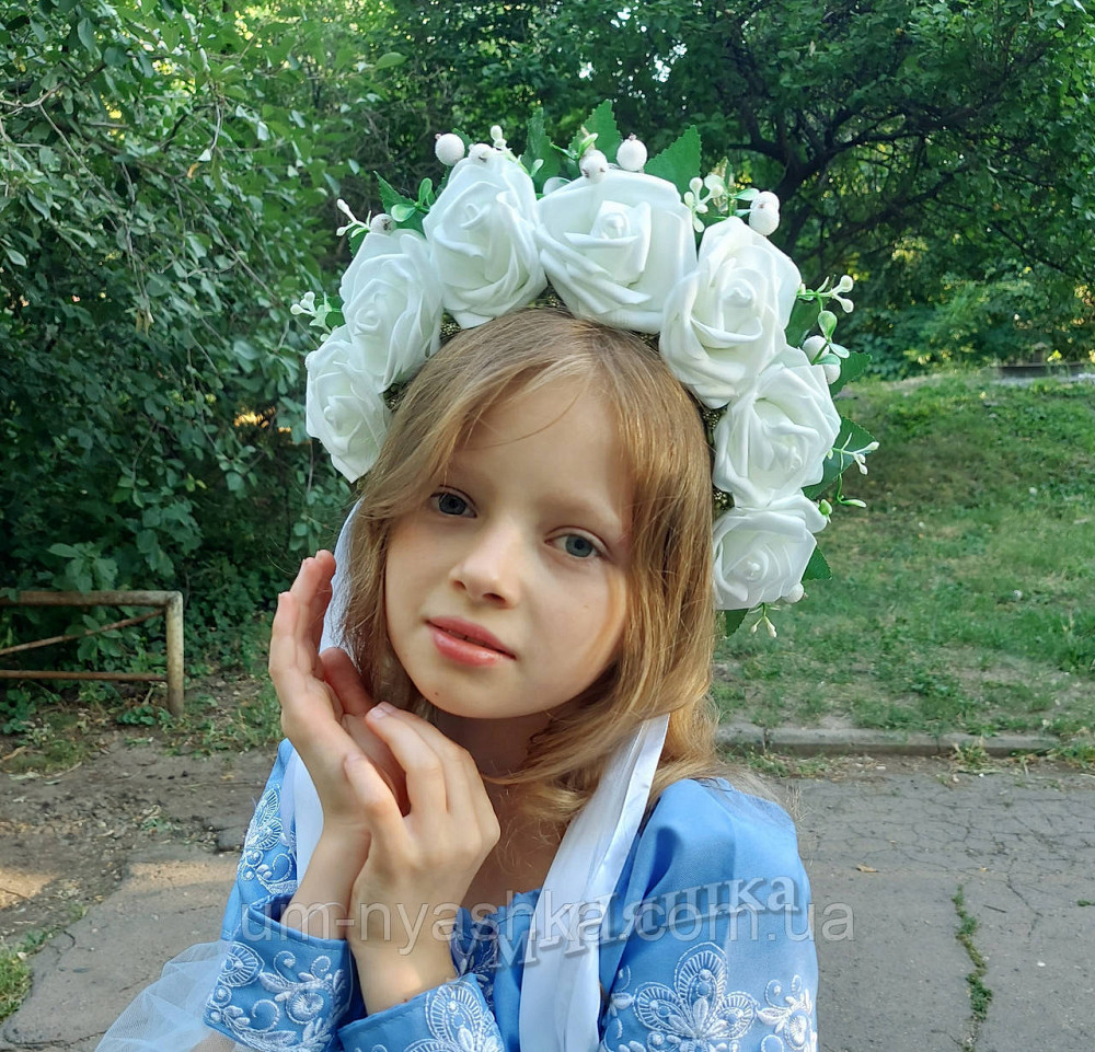 Ободок обруч з квітами "Сценічний білий" зі стрічками Кривий Ріг - фото 1