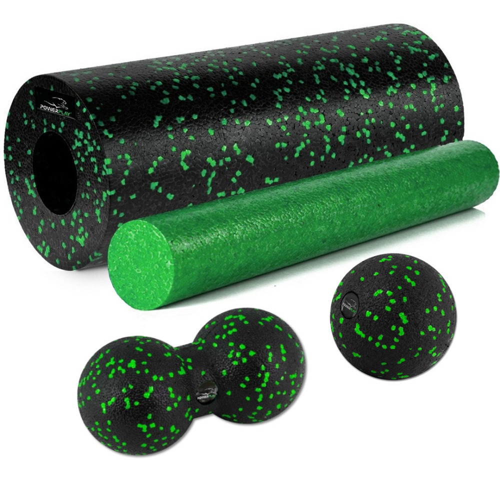 Масажний набір PowerPlay PP_4015 EPP Foam Roller Set 4in1 (2-ва роли + 2-ва м'ячі) Чорно-зелений Кам'янське - фото 1