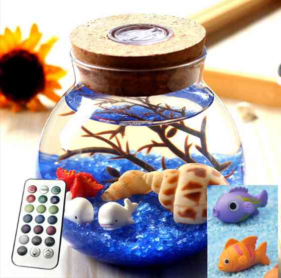 Ночник, Аквариум в банке ПУЛЬТ МУЛЬТИЦВЕТ, светящаяся бутылка, подарочный набор собери сам! СИНИЙ с рыбками Кременчуг