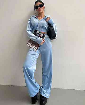 Женский повседневный велюровый костюм двойка с широкими брюками и укороченной кофтой плюшевый велюр Голубой, 46/48 Одесса