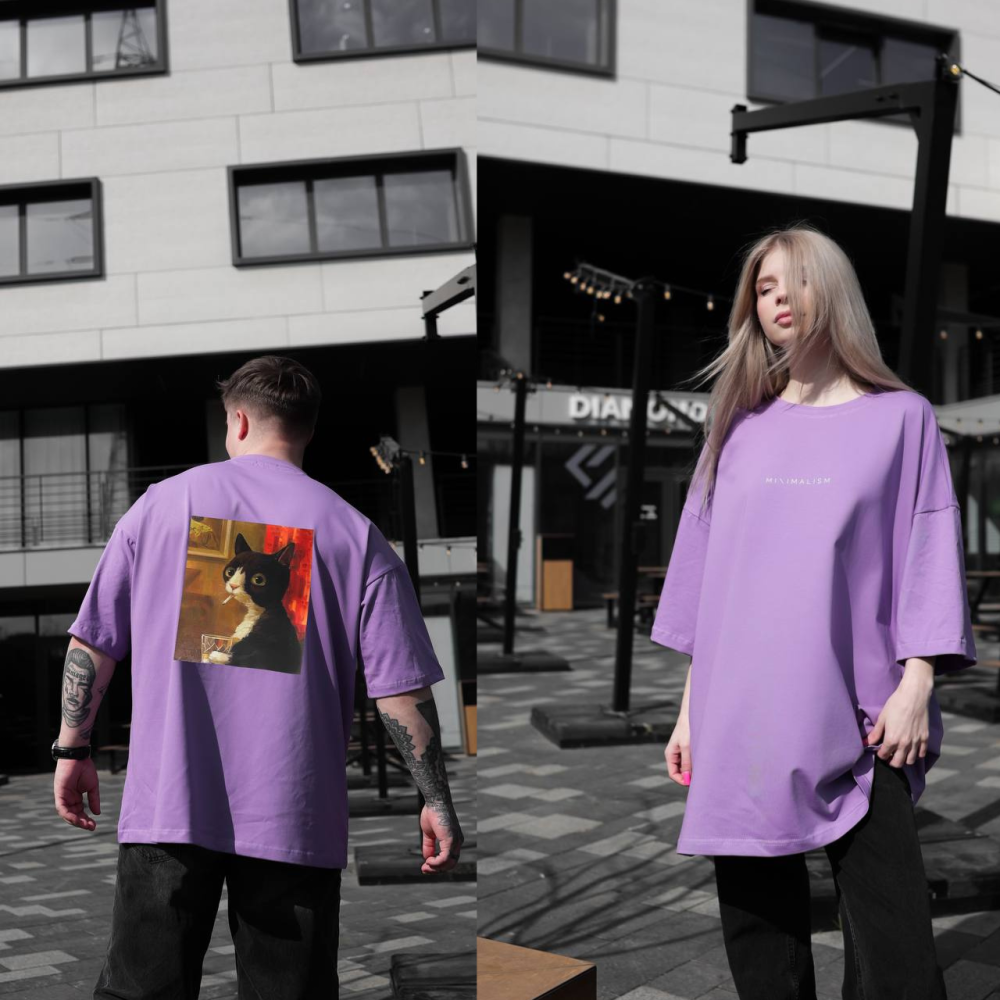 Парні футболки оверсайз(oversize) для чоловіка і дружини, для закоханих пар SANE з принтом кіт стрес фіолетові Одеса - фото 1