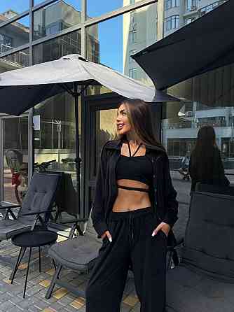 Женский прогулочный костюм двойка: рубашка + штаны палаццо турецкий велюр спорт Черный, 46/48 Одесса