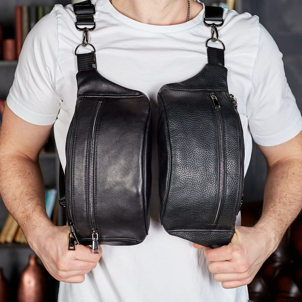 Сумка на пояс чоловіча бананка шкіряна поясна з натуральної шкіри чорна Київ - фото 4