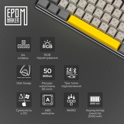 Клавіатура Epomaker EP64 60 Mulan Switch Hot-Swap RGB Wireless/Bluetooth/USB UA Black (EP64-B-M) Вінниця - фото 5