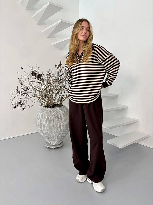 Женский стильный повседневный костюм поло на пуговицах, брюки палаццо тринитка. Шоколад Одесса - изображение 5