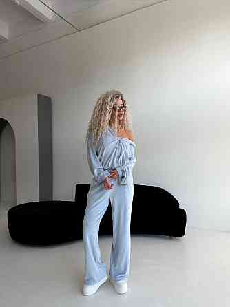 Жіночий велюровий костюм-трійка: кофта корсет і штани Блакитний, 48/52 Одеса