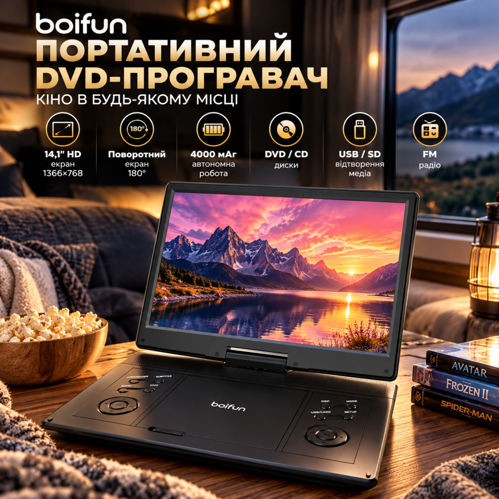 Портативный DVD-проигрыватель BOIFUN 16,9″, экран 14,1″ HD 1366×768, поворотный, аккумулятор 4000 мАч, USB, SD, FM, черный Киев - изображение 1