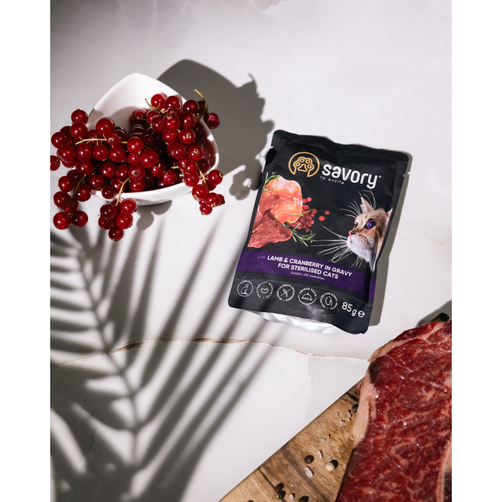 Влажный корм Savory для стерилизованных кошек, ягненок с клюквой в соусе, пауч, 85 г Винница - изображение 4