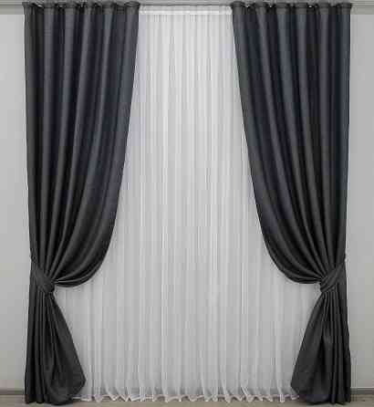 Комплект готових штор VR-Textil Льон-блекаут Льон Мішковина № 1161ш Графітовий 150х270см 2 шт (30-974) Київ