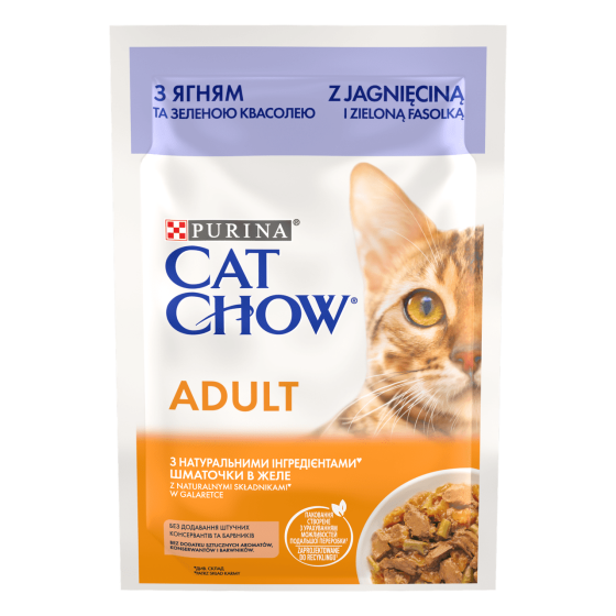 Вологий корм Cat Chow Adult для дорослих кішок з ягням та зеленою квасолею, ніжні шматочки в желе, 85 г Вінниця