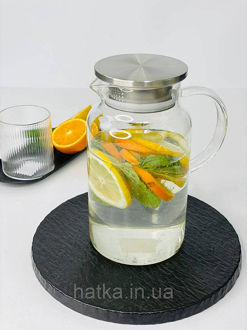 Глечик скляний "Арроу-стил" 1500 мл для напоїв прозорий із металевою кришкою Київ - фото 3