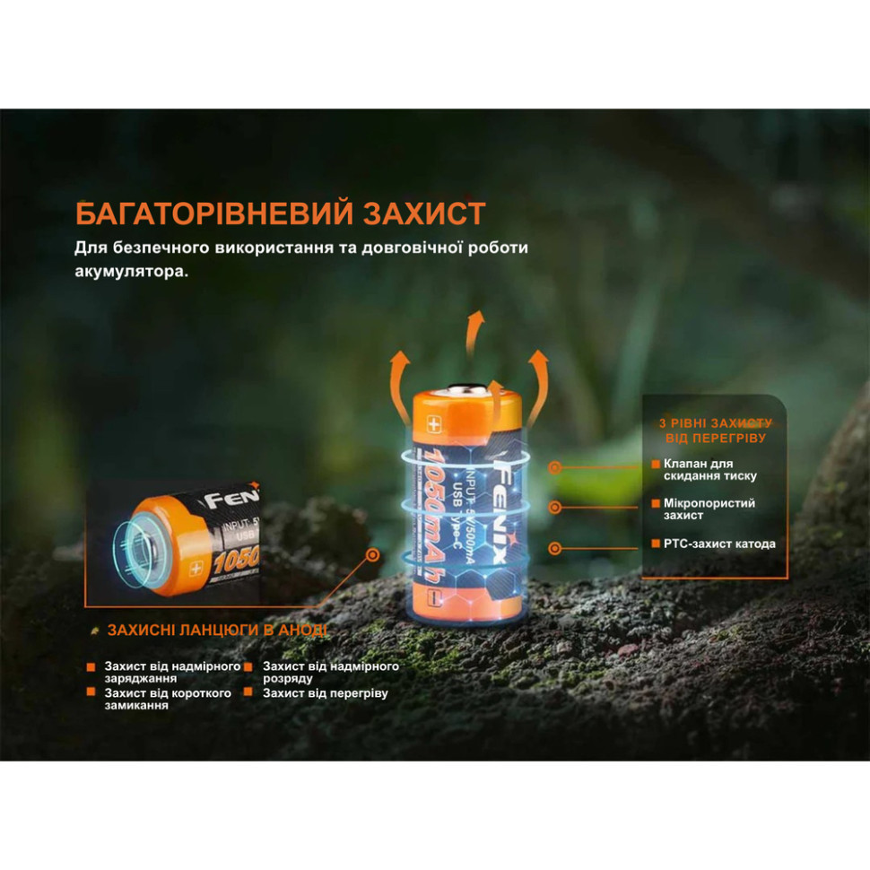 Акумулятор 16340 Fenix ARB-L16 1050 mAh 3.6В Li-ion Type-C (Чорно-жовтогарячий) Вінниця - фото 6