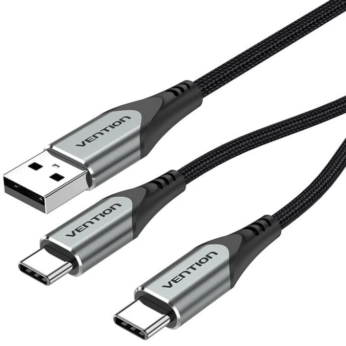 Кабель USB 2.0 AM - 2хType-C M, 1.0 м Y-Splitter Charging Cable 2.4А 480Mbps Aluminum Alloy Vention Вінниця - фото 1