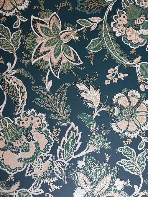 Шпалери флізелінові еко Rasch Sophia 0.53х10 рослинний принт квіти листя золотисте біле на темно-зеленім3д Київ - фото 1