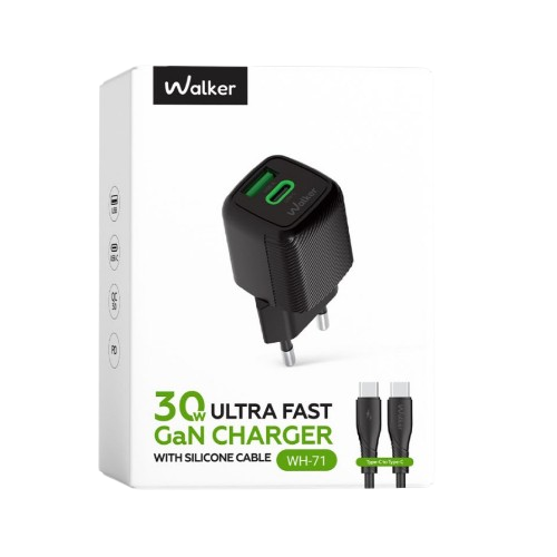Зарядний пристрій мережевий USB/Type-C + кабель Type-C 30W чорний GaN WALKER WH-71 black Житомир