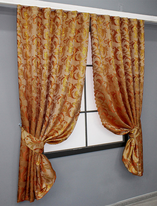 Комплект готовых штор VR-Textil Жаккард Завиток с люрексом № 1646ш Оранжевый с золотистым 145х170 см 2 шт (35-0258) Киев - изображение 4