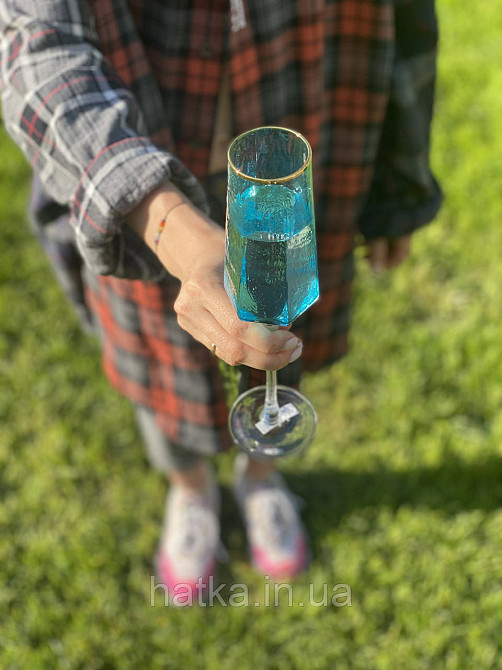 Келих для шампанського "Бірюза" 180 мл блакитний із золотою облямівкою Київ - фото 2