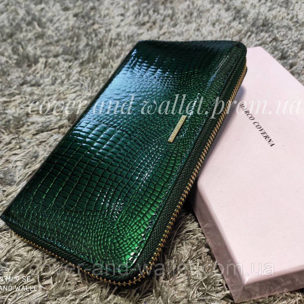Большой женский кожаный лаковый кошелек на молнии зеленого цвета Marco Coverna Киев - изображение 2