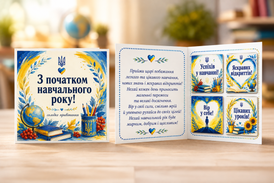 Вітальна листівка "З початком навчального року!" з міні шоколадом | Подарунок для школяра Одеса
