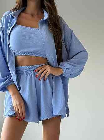 Женский летний прогулочный оверсайз костюм тройка: рубашка топ и шорты американский креп жатка Голубой Одесса