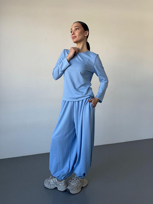 Жіночий повсякденний прогулянковий костюм-двійка: кофта та штани турецька двонитка Блакитний, 46/48 Одеса - фото 2