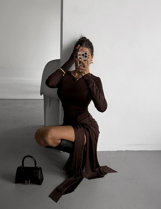 Жіноче мініплаття з поясом-шлейфом мікродайвінг Шоколадний, 42/44 Одеса - фото 4