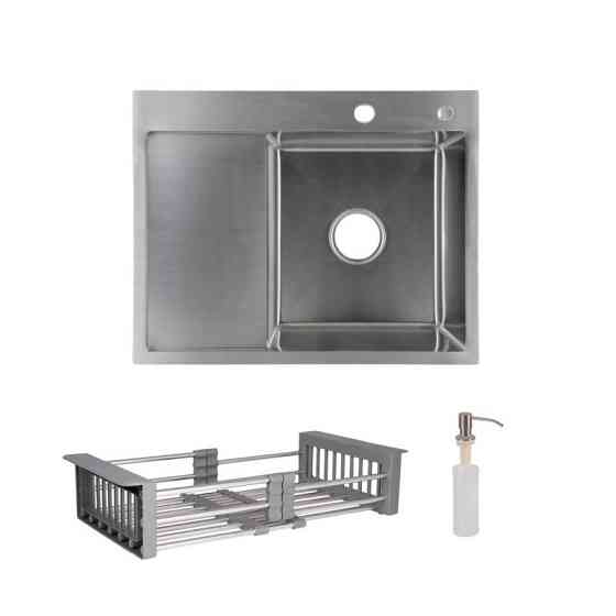 Мойка для кухни интегрированная Lidz Handmade H6350L крыло слева Brushed в комплекте с дозатором и корзиной Киев