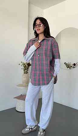 Женский повседневный костюм двойка: рубашка в клетку и штаны турецкая фланель + двунитка Одесса