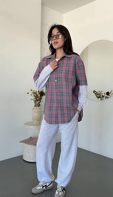 Женский повседневный костюм двойка: рубашка в клетку и штаны турецкая фланель + двунитка Одесса - изображение 4
