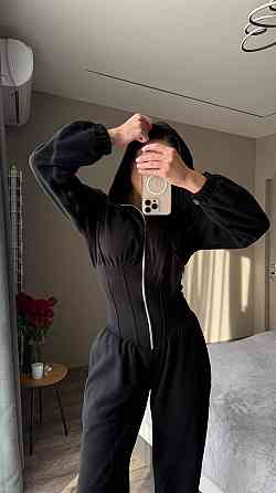 Жіночий стильний теплий корсетний комбінезон двосторонній фліс Чорний, 44/46 Одеса