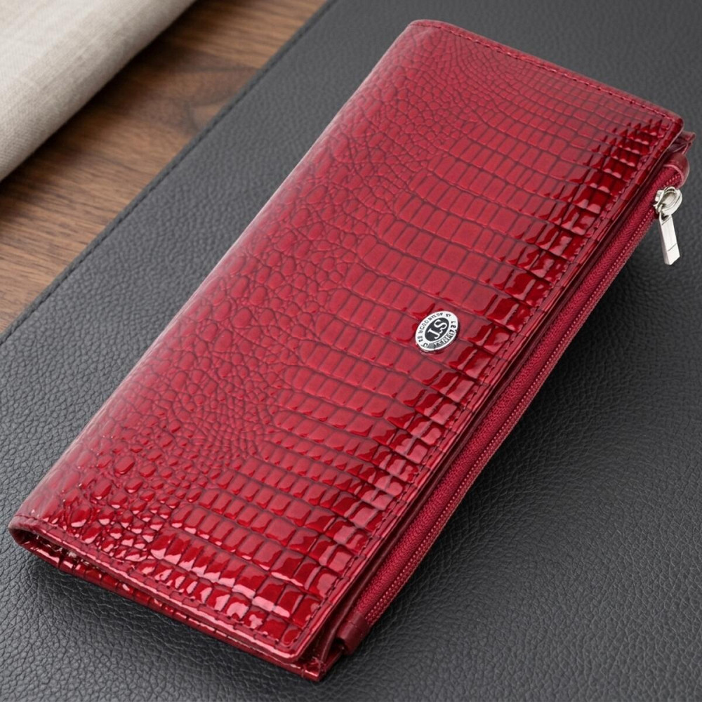 Лакированный яркий кошелек с фактурой под рептилию из натуральной кожи ST Leather 22715 Красный Киев - изображение 11