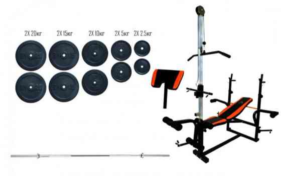 Лавка універсальна з верхньою тягою + Штанга 115 кг Гантелі, гирі, штанги та диски граниліт набір Київ