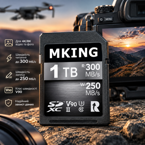 Карта памяти MKING Digital SDXC UHS-II 1 ТБ 1024 ГБ V90, чтение 300 МБ/с, запись 250 МБ/с, для 4K/8K фото и видео Киев