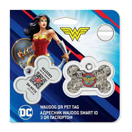 Адресник для собак і котів металевий WAUDOG Smart ID з QR-паспортом, малюнок "Диво-жінка 2", кістка, Д 40 Вінниця