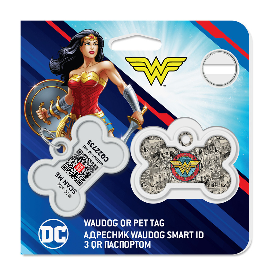 Адресник для собак і котів металевий WAUDOG Smart ID з QR-паспортом, малюнок "Диво-жінка 2", кістка, Д 40 Вінниця - фото 5