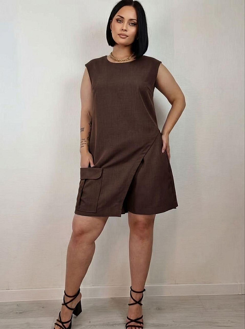 Женский стильный повседневный комплект с шортами и удлиненной туникой лен Шоколад, 48/52 Одесса - изображение 2