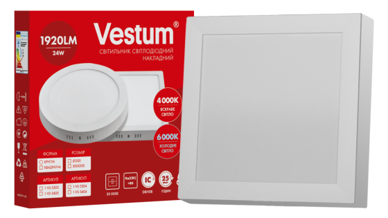 Квадратний світлодіодний накладний світильник Vestum 24W 6000K 220V 1-VS-5404 Дніпро