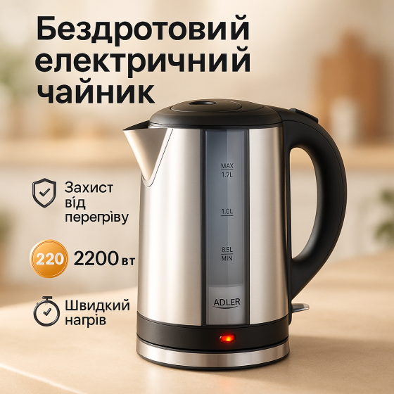 Электронный чайник для дома Adler AD 1216 1.7L 2200Вт, Электрический чайник с индикатором питания VX-68 Львов