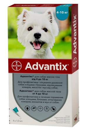 Адвантикс капли для собак весом от 4 до 10 кг (4 пипетки по 1.0 мл) Elanco (срок до 10.2027 г) Винница