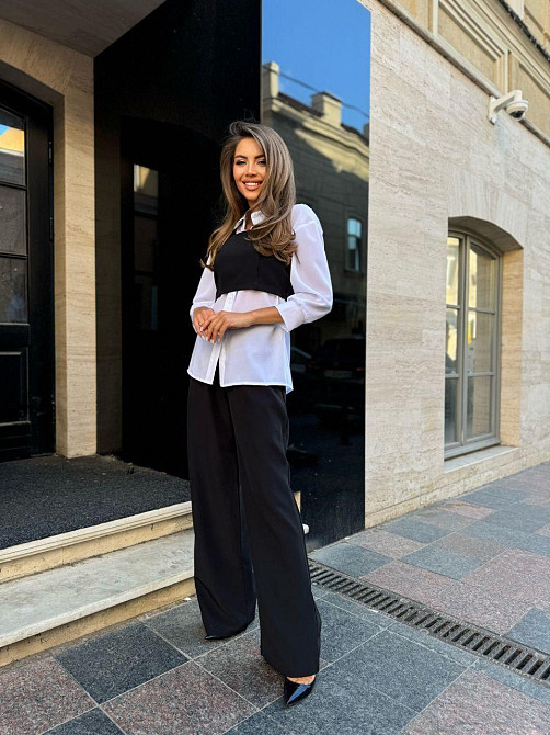 Женский брючный костюм тройка: рубашка, топ и штаны костюмка + шифон 46/48 Одесса - изображение 7